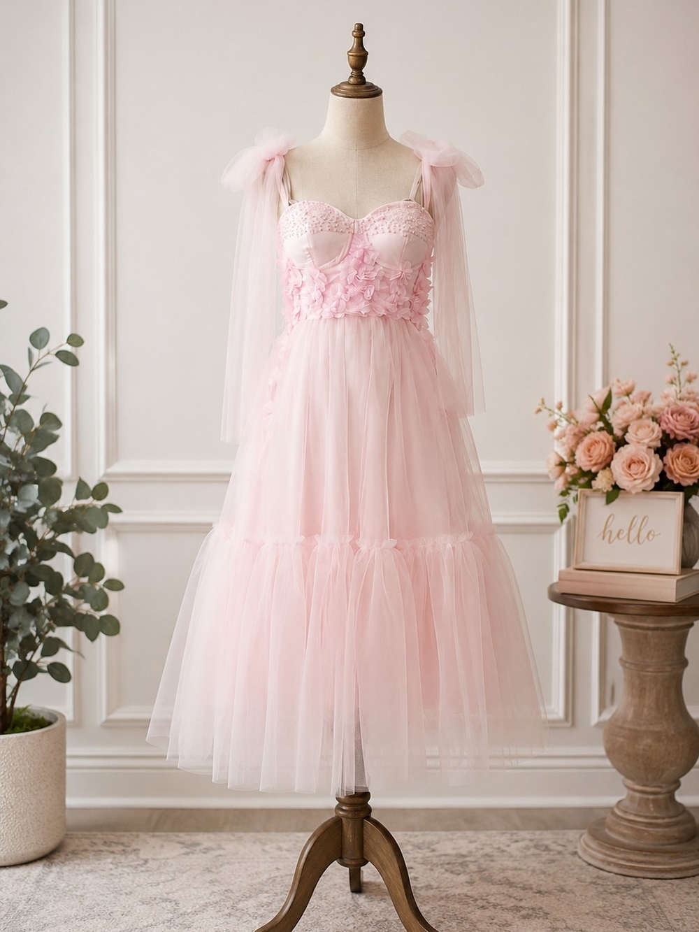 Pink Tulle Floral Bodice Kids Dress by